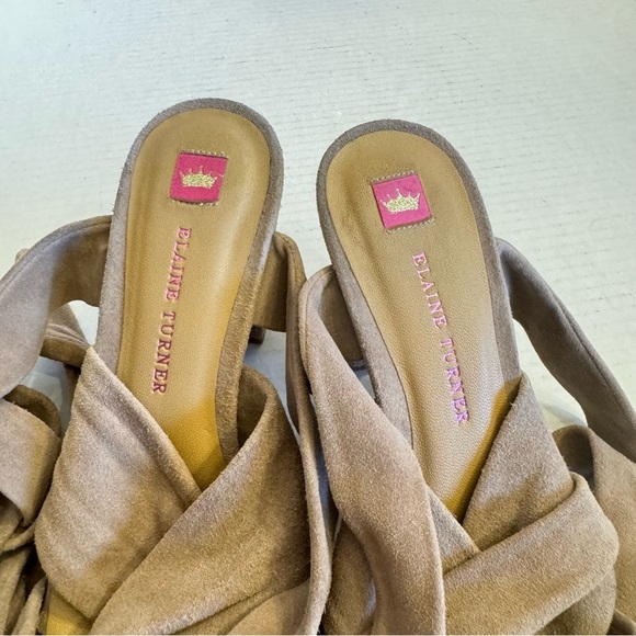 Elaine Turner Taupe Suede Leather “RAE” Ankle Wrap Heel Sandals Shoe Size 8.5 - Picture 13 of 16